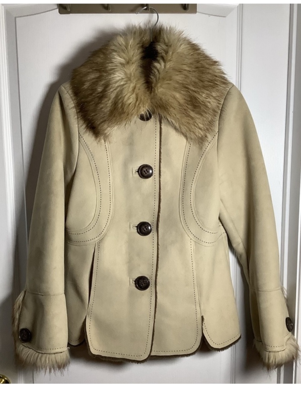 Simon Chang Cream Faux Suede Jacket with Fur Collar